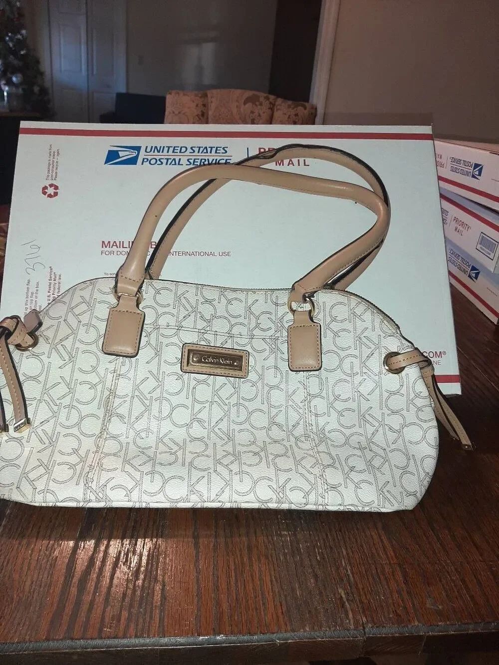Calvin Klein Logo Tan Ivory Medium Top Handle Satchel Purse Handbag Bag